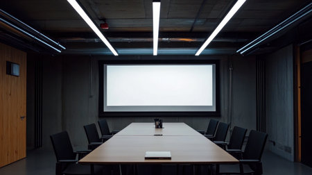 A spacious and modern conference room featuring a large projection screen, minimalist table setup, and sleek lighting. Ideal for professional meetings.の素材