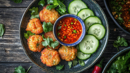 A vibrant platter featuring crispy vegetable fritters served with a spicy dipping sauce and fresh cucumber slices, perfect for appetizers or snacks.の素材