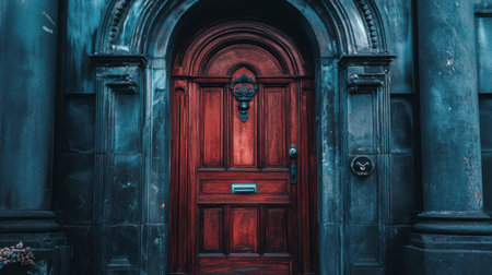 Explore the beauty of an elegant vintage wooden door framed by stunning dark stone architecture. This captivating entrance highlights detailed craftsmanship and rich colors.の素材