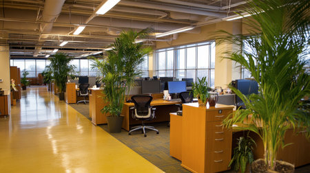 Spacious modern office interior featuring greenery and abundant natural light. This workspace promotes productivity and comfort with a clean design and organized layout.の素材