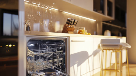 A stylish modern kitchen interior showcasing an open dishwasher. Natural lighting fills the space, enhancing the warm ambiance of this inviting culinary area.の素材