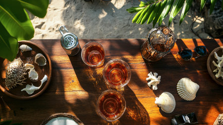 A serene beach setting featuring refreshing summer drinks on a wooden table, surrounded by natural elements like shells and sunlight, creating a perfect getaway atmosphere.の素材