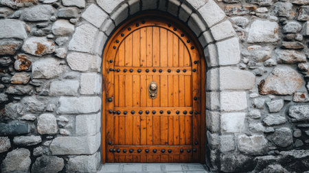 A rustic wooden door framed by a weathered stone wall showcases timeless architecture and craftsmanship, inviting a sense of history and charm.の素材