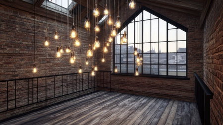 Spacious industrial loft featuring a beautiful arrangement of hanging lights against a backdrop of warm brick walls and large windows, creating a cozy atmosphere.の素材
