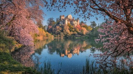 A tranquil scene featuring a stunning castle reflected in a calm lake, surrounded by vibrant cherry blossoms, creating a peaceful and picturesque atmosphere.の素材