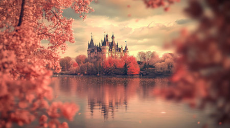 A stunning castle emerges from vibrant autumn foliage, reflecting beautifully in calm waters. This serene landscape captures the enchanting colors of fall against a dreamy sky.の素材