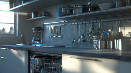 Bright and modern kitchen interior featuring a dishwasher, cooking utensils, and organized storage, creating a clean and inviting culinary space.の素材