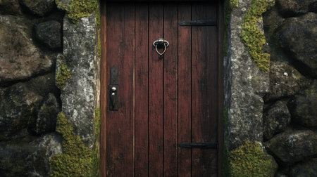 A rustic wooden door framed by a weathered stone wall, adorned with green moss, showcasing the charm of nature and craftsmanship in architecture.の素材