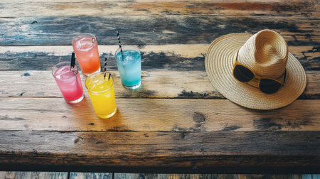 Enjoy a vibrant display of refreshing summer drinks on a rustic wooden table, accompanied by a stylish straw hat and sunglasses, perfect for a sunny getaway.の素材