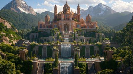 A breathtaking view of a majestic castle surrounded by mountains and cascading waterfalls. This picturesque scene embodies beauty and tranquility in nature.の素材