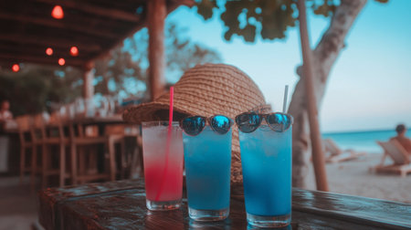 Three vibrant tropical drinks on a wooden table at a beach bar, with a straw hat and sunglasses in the background, perfect for a refreshing summer getaway.の素材