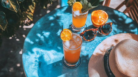 Enjoy a vibrant scene featuring refreshing summer cocktails garnished with citrus fruits. Perfect for outdoor gatherings and relaxation moments.の素材