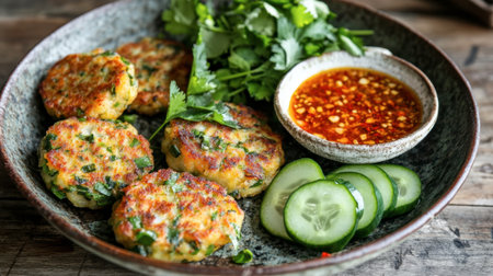 This image features crispy vegetable fritters garnished with fresh herbs and served with a tangy dipping sauce and sliced cucumbers. Ideal for meals or snacks.の素材
