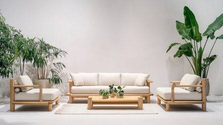 Bright and airy minimalist living room featuring a neutral sofa set, a wooden coffee table, and lush green plants, creating a serene and inviting atmosphere.の素材
