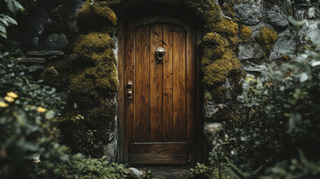 Discover a rustic wooden door nestled in a moss-covered stone wall, surrounded by lush greenery, evoking a sense of mystery and tranquility in nature.の素材