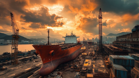 A striking view of a shipyard during sunset, showcasing a large cargo ship docked among cranes and industrial structures in a vibrant landscape.の素材