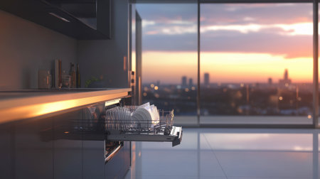 This image captures a sleek modern kitchen featuring a dishwasher, illuminated by warm sunset light, with a stunning city skyline view in the background.の素材