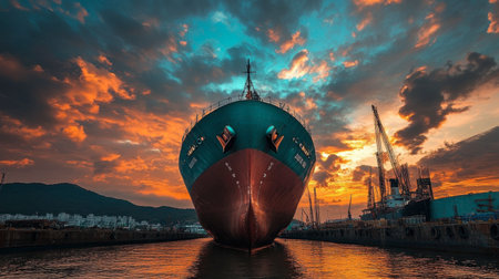 A stunning cargo ship rests in a harbor during sunset, framed by a dramatic sky filled with vibrant colors and wispy clouds, creating a serene atmosphere.の素材