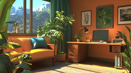 A cozy home office setup featuring a wooden desk, comfortable sofa, and vibrant indoor plants. Natural light fills the room, creating an inviting workspace perfect for creativity and relaxation.の素材