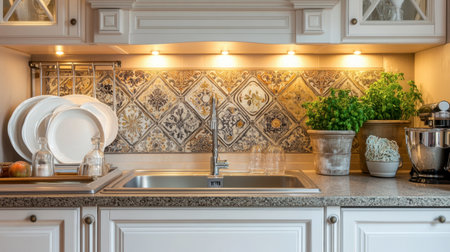 A beautifully designed kitchen featuring a modern sink, decorative tiles, and greenery, creating a warm and inviting atmosphere for culinary adventures.の素材