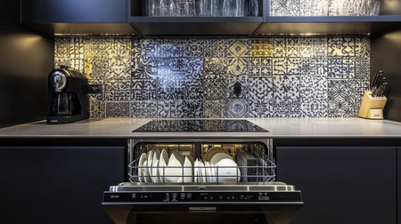 Discover a modern kitchen featuring elegant tile designs, sleek appliances, and a dishwasher loaded with plates, capturing a stylish and functional culinary space.の素材