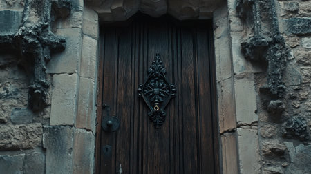 This image features a vintage wooden door with intricate designs, framed by a weathered stone wall, showcasing craftsmanship and historic architecture.の素材
