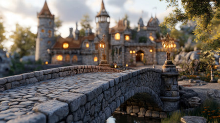 A serene scene featuring a charming stone bridge leading to an enchanting castle. Illuminated under a warm sunset glow, this picturesque landscape captures the essence of fantasy and adventure.の素材