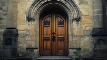 Stunning ornate wooden doors set within a Gothic stone frame highlight architectural beauty. Rich textures and intricate details capture timeless elegance.の素材