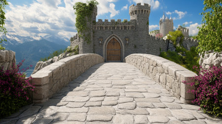 A picturesque scene featuring a stone bridge leading to a majestic castle. Lush greenery and vibrant flowers frame the path, offering a serene escape into nature.の素材