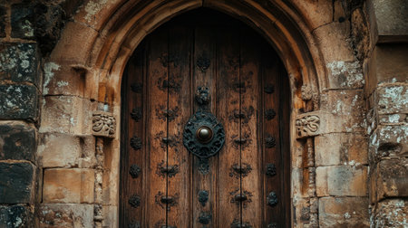 Discover a captivating vintage wooden door featuring intricate metalwork, set within a weathered stone wall. Perfectly captures historical charm and architectural detail.の素材