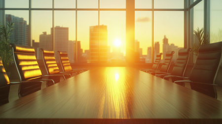 A stunning modern conference room featuring a beautiful sunset view over a vibrant city skyline, creating a warm and inviting atmosphere for meetings.の素材