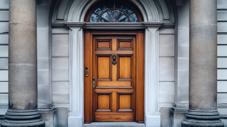 A beautifully crafted wooden door stands at the entrance of a classic stone building, showcasing intricate details and inviting warmth.の素材