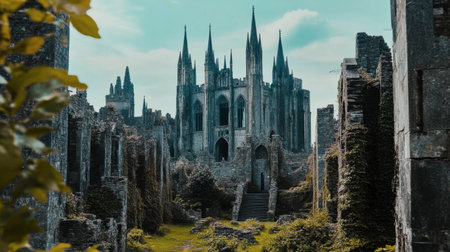 Explore the stunning beauty of ancient gothic ruins nestled amid lush greenery and a captivating blue sky, showcasing historic architecture and natureの素材