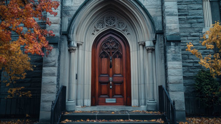 Captivating Gothic entrance featuring a beautifully crafted wooden door, surrounded by vibrant autumn leaves, showcasing historical architecture in a serene setting.の素材