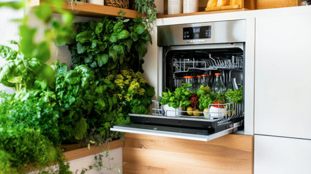 A modern kitchen featuring an open dishwasher filled with fresh fruits and vegetables. The vibrant arrangement emphasizes healthy living and convenient meal preparation.の素材