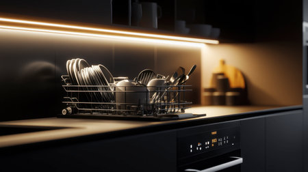 A sleek modern kitchen scene featuring a stainless steel dish rack filled with clean dishes, illuminated by soft lighting, creating a tidy and inviting atmosphere.の素材