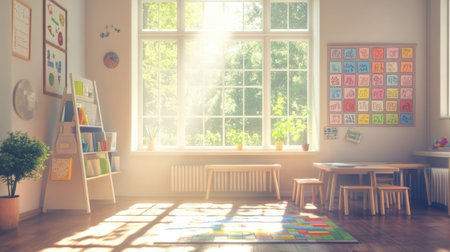A bright and cheerful playroom filled with natural light, featuring colorful decor, wooden furniture, and vibrant educational materials, perfect for children's play and learning.の素材