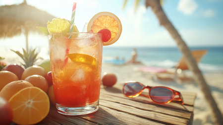 A vibrant tropical cocktail featuring citrus garnishes, served on a sunny beach. Perfect for summer vacations, relaxation by the sea, and refreshing moments.の素材