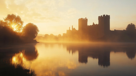 A majestic castle rises in the mist at dawn, reflecting beautifully in the tranquil water. This serene landscape captures the peacefulness of early morning light.の素材