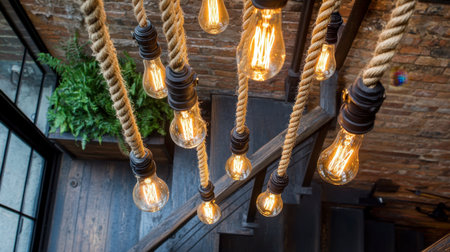 A stunning arrangement of vintage light bulbs suspended from rope, illuminating a beautifully designed industrial space. The warm glow enhances the cozy atmosphere.の素材