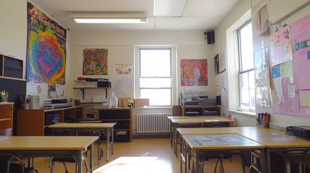 A bright and cheerful classroom filled with colorful art displays. Desks and chairs are neatly arranged, inviting creativity and learning in a vibrant educational space.の素材