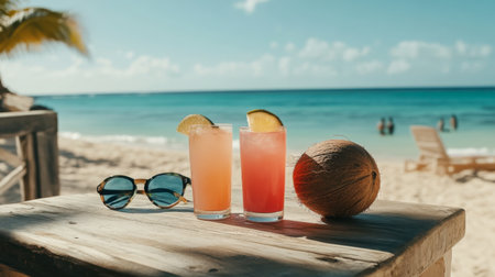 Enjoy a pair of vibrant cocktails and a fresh coconut on a sunlit beach. Perfect for relaxing moments by the ocean, ideal for summer getaways.の素材