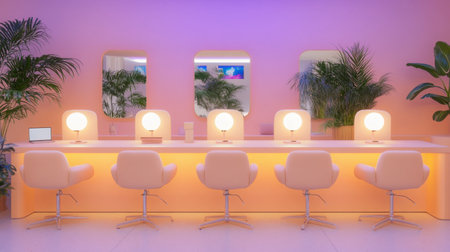 A sleek and modern beauty salon interior featuring stylish seating, elegant lighting fixtures, and lush plants, creating a serene and inviting atmosphere for clients.の素材