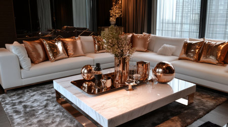 Discover an elegant living room featuring modern decor and stylish accessories. This space combines luxurious materials and a cozy atmosphere perfect for relaxation and entertaining.の素材