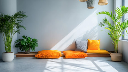 Bright and cozy modern living space featuring green plants, vibrant orange cushions, and a soothing minimalist design, perfect for relaxation and comfort.の素材