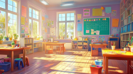 A vibrant and inviting classroom filled with sunlight, colorful decorations, and plants. This space promotes creativity and learning for students, highlighting an organized, cheerful environment.の素材