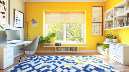 This cozy home office features a vibrant yellow accent wall, filled with natural light from a large window. The modern decor includes a stylish desk, comfortable chair, and greenery, creating an inspiring workspace.の素材