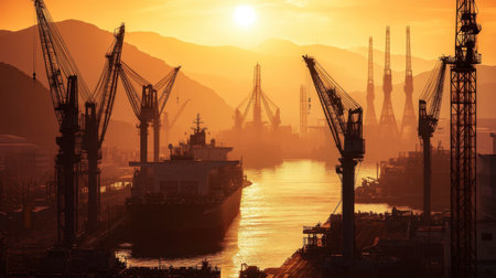 A breathtaking sunset casts a golden hue over an industrial port, with silhouettes of cranes and a cargo vessel creating a tranquil scene amidst urban activity.の素材