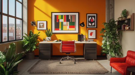 This vibrant home office features colorful wall art, green plants, and modern furniture, creating an inviting workspace for creativity and productivity.の素材