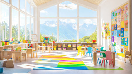 A bright and colorful classroom featuring large windows with stunning mountain views. The cheerful environment inspires creativity and learning for children.の素材